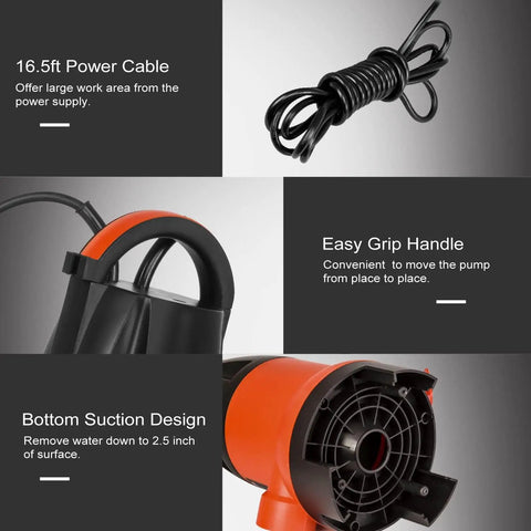 1HP Submersible Sump Pump With Automatic Float Switch, 3700GPH Clean or Dirty Water Pump, power cable, easy grip handle, orange