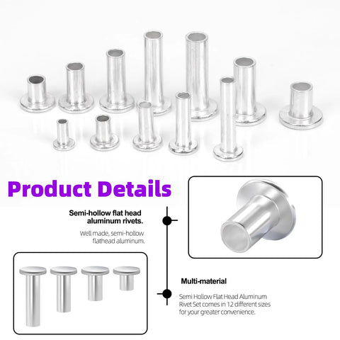 390 Pcs Aluminum Flat Head Semi Tubular Rivet Kit in 12 Sizes M3 M4 M5 M6, silver tone round rivets displayed.