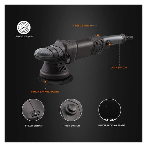 No Sweat 5 Inch Dual Action Polisher Buffer With Variable Speed Control showing speed switch and backing plate details.