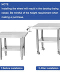 Before and after installation of Heavy Duty 3 Inch Expanding Stem Casters With Side Brake on stainless steel table