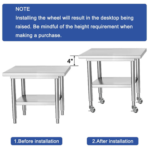 Before and after installation of Heavy Duty 3 Inch Expanding Stem Casters With Side Brake on stainless steel table