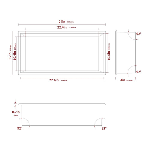 Diagram of Recessed Shower Niche Insert Stainless Steel Square Wall Organizer dimensions, 24x12 inches, polished finish.