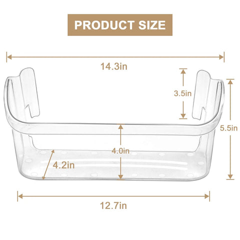 Product size diagram of Refrigerator Door Bin Side Shelf 2-Pack, Clear Replacement for Frigidaire and Kenmore, 14.3 x 4.2 x 5.5 in