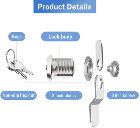 Keyed Alike Cam Locks For Cabinets And Drawers, Five Eighth Inch Cylinder component parts including lock body and keys