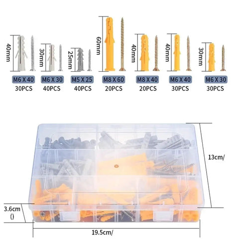 210 Pcs Self-Drilling Screws Set And Wall Anchor Kit For Drywall Brick And Concrete With M5 M6 M8 Sizes Yellow Zinc Plated Carbon Steel Rust-Resistant Heavy-Duty No-Prep Install Do-It-All Mounting, assorted anchors and screws in organizer box