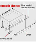 Schematic diagram of Heavy-Duty 15 Inch Undermount Drawer Slides Set, with locking device and rear bracket layout.