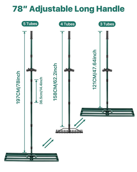 Lawn Leveling Rake 33x10 Inch With 78 Inch Adjustable Back Saving Handle showing different tube configurations for height adjustment.