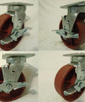 Six By Two Inch Swivel Caster Wheels With Brakes Kingpinless Ductile Steel Rollers 2000 Lbs Capacity Each four pack shown in different angles.