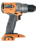 Beast Mode 18V Brushless Cordless Hammer Drill Driver featuring half inch metal ratcheting chuck, gray and orange grip, side view.