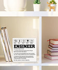 Engineer Definition Wooden Box Sign Decor For Home And Office, 5x5 Inch Wall Art And Shelf Decor on a white shelf with books.