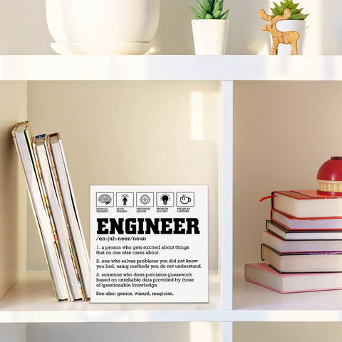 Engineer Definition Wooden Box Sign Decor For Home And Office, 5x5 Inch Wall Art And Shelf Decor on a white shelf with books.