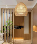 Rattan Wicker Pendant Light Lampshade Basket Ceiling Chandelier Boho Home Decor in living room setting with E26 socket