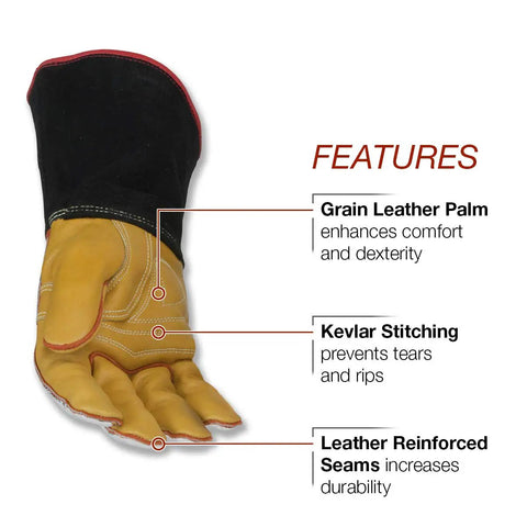 Heat Resistant Welding Gloves With Aluminized Reflective Top That Reflects 95 Percent Of Radiant Heat, Premium Grain Leather For Dexterity And Durability, Comfortable Fit For Welders And Pros, Large Size Black And Yellow, showing grain leather palm, Kevlar stitching, leather reinforced seams.