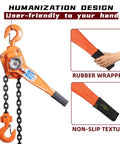 Lever Chain Hoist Come Along for Heavy Lifting Three Quarters Ton Capacity with rubber handle focus; humanization design features.