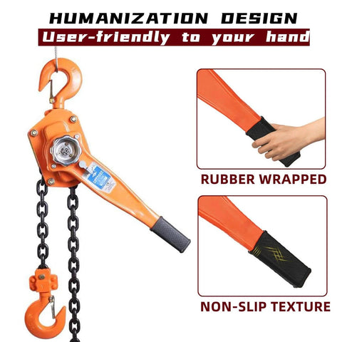 Lever Chain Hoist Come Along for Heavy Lifting Three Quarters Ton Capacity with rubber handle focus; humanization design features.