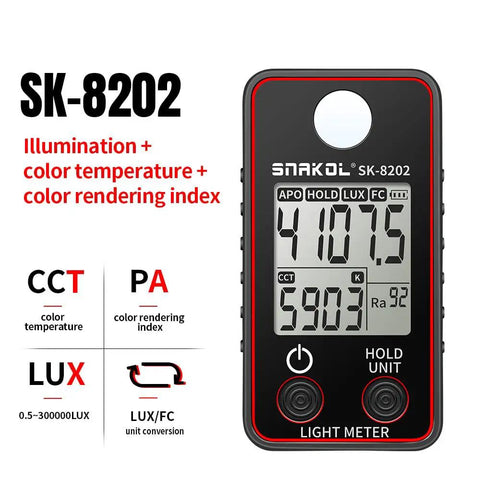 Pro Grade Color Temperature Tester And Illuminance Meter With Ultra Precise 0.5 To 300000 Lux Range LED meter, SK-8202 front view