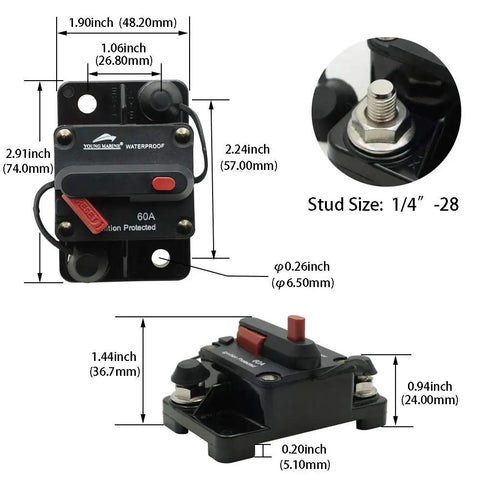 Diagram of 50 Amp Trolling Circuit Breaker With Manual Reset Waterproof And Splash Proof Dust Proof 12V To 48V DC Surface Mount