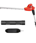 Cordless 20 inch pole hedge trimmer with 14.5 ft reach, 150 degree adjustable head, extension pole shown disassembled