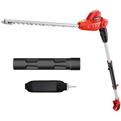 Cordless 20 inch pole hedge trimmer with 14.5 ft reach, 150 degree adjustable head, extension pole shown disassembled