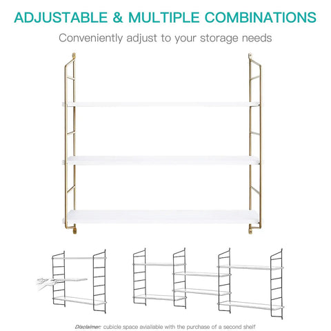 Gold wall shelf for bathroom and kitchen with adjustable shelves, heavy duty steel brackets, sleek minimalist vibe, 24 inch long