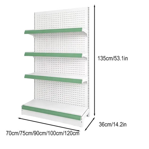 Heavy Duty Adjustable Gondola Shelving Unit Rock Solid Reinforced Steel Double Sided Retail Rack dimensions 135cm by 70-120cm.