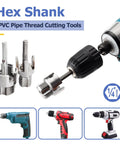 Mesee 3 Piece Pipe Threading Tool Kit With Internal External Tube Thread Cutter For 1/2 Inch 3/4 Inch And 1 Inch PVC Pipes Featuring Dual Function Carbon Steel Blades Quick Change Hex Shank Fit For Electric Drills For Pros close-up of PVC pipe thread cutting tools with hex shank for electric drills.