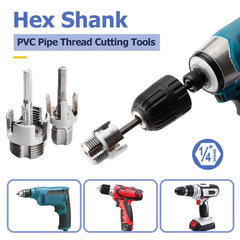 Mesee 3 Piece Pipe Threading Tool Kit With Internal External Tube Thread Cutter For 1/2 Inch 3/4 Inch And 1 Inch PVC Pipes Featuring Dual Function Carbon Steel Blades Quick Change Hex Shank Fit For Electric Drills For Pros close-up of PVC pipe thread cutting tools with hex shank for electric drills.