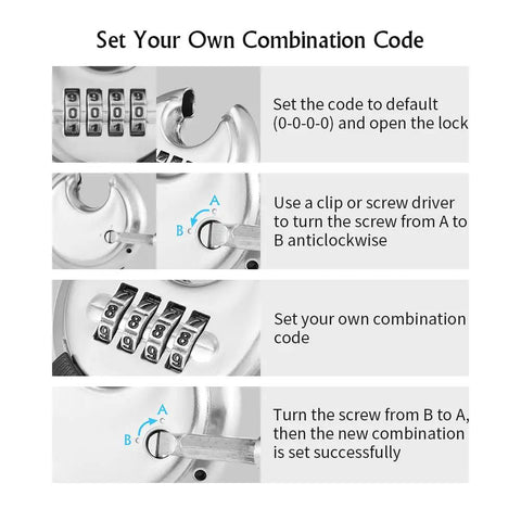 Instructions for setting combination on 4 Digit Disc Padlock With Hardened Steel Shackle Tough As Nails Security Combination Lock For Sheds Lockers Gyms Fences And Storage Units 8 Pack Bolt Cutter Resistant Weatherproof Outdoor Safe