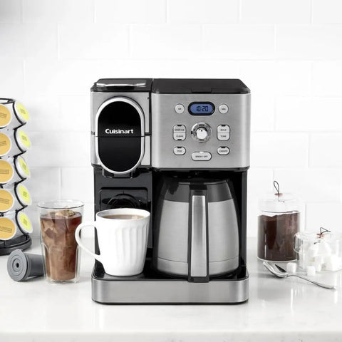 Two In One Coffee Maker With Ten Cup Thermal Carafe And Single Serve Brewer With Over Ice Function Fully Automatic Pod And K Cup Compatible For Four To Twelve Oz Brews Black And Stainless Finish on kitchen counter