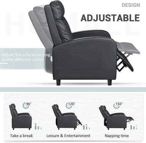 Comfy Leather Recliner Chair With Lumbar Support For Home Theater And Living Room, Adjustable 90 To 180 Degree Recline, Image Showing Recline Angles