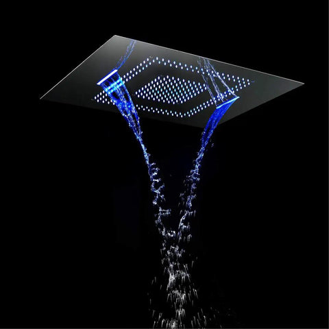 Top Shelf Thermostatic Rainfall Shower Setup With LED Wall Mount Handle And Dual Spray Handheld Copper Core Stainless Steel Ceiling Head streaming water with blue LED accents.