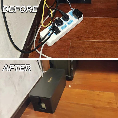 Before and after using the Foldable Large Cable Management Box for desks cord hider and power strip concealer in strong ABS durable black.