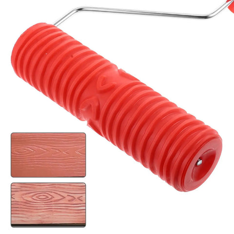 Close-up of Red Grain Pattern Paint Roller For Wall Texturing With Ergonomic Plastic Handle showing textured rubber grip.