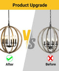 Comparison of Orb 6 Light Farmhouse Chandelier in brown wood finish before and after product upgrade with globe design