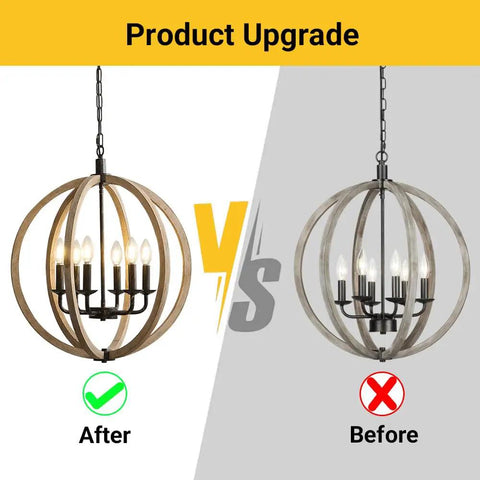 Comparison of Orb 6 Light Farmhouse Chandelier in brown wood finish before and after product upgrade with globe design