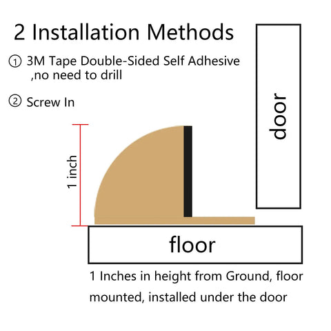 Diagram showing installation of 2 Pack Drill Free Floor Mounted Door Stops With Self Adhesive Tape Or Screws Gold Finish Black Rubber Bumpers