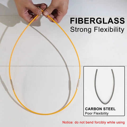 19 Ft Fiberglass Fish Tape Kit For Electrical Wiring, Includes 5 Attachments And Fastener, showing flexible fiberglass rod.