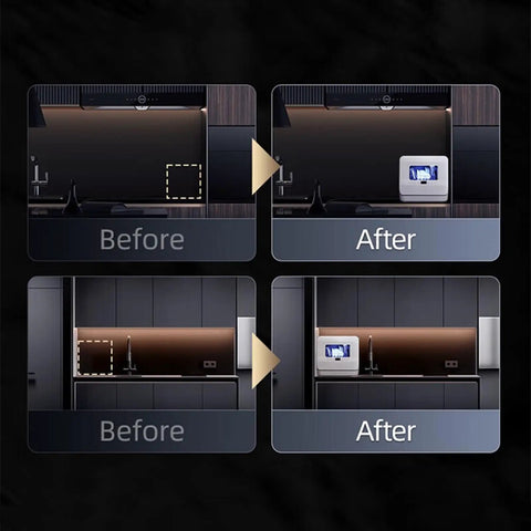 No Sweat Countertop Dishwasher For Heavy Duty Plates And Produce Wash With Front Load Door, shown in kitchen before and after setup.