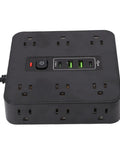 Flat Head Power Strip With 12 Ac Outlets And 4 Usb Ports, Multi Device Charging Station For Home Office Dorm Room And Gaming Setup, EtL Surge Protector Knocks Out Cord Chaos Fast, top view of black hub with outlets and USB ports.