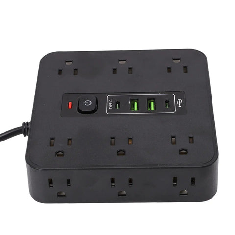 Flat Head Power Strip With 12 Ac Outlets And 4 Usb Ports, Multi Device Charging Station For Home Office Dorm Room And Gaming Setup, EtL Surge Protector Knocks Out Cord Chaos Fast, top view of black hub with outlets and USB ports.