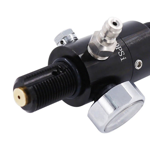 Close-up of a Paintball Air Tank Regulator And Valve Gauge Built From Durable Aluminum With Five Eighth UNF Output 1800 Psi