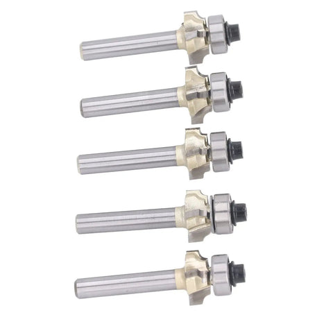 Durable Round Over Router Bit Set With 4 Inch Shanks And Four Flutes, five router bits for smoothing edges on wood.