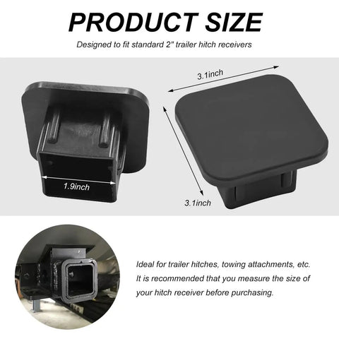 Beefed-Up Heavy Duty Silicone Trailer Hitch Plug Cover for Square Mouth Receiver Tubes, shown in black with size dimensions.