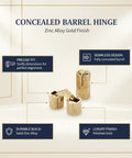 Hidden Barrel Hinge With Gold Finish Zinc Alloy Hardware For Jewelry Boxes And Cabinets Slick Concealed Mount With Premium Look