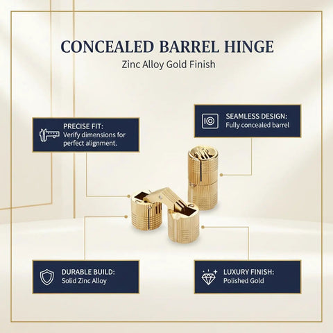 Hidden Barrel Hinge With Gold Finish Zinc Alloy Hardware For Jewelry Boxes And Cabinets Slick Concealed Mount With Premium Look