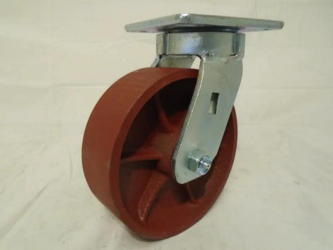 Close-up of a 6 Inch Ductile Steel Caster Wheel Set with heavy duty roller bearing and Zerk fitting, designed for tough warehouse tasks.