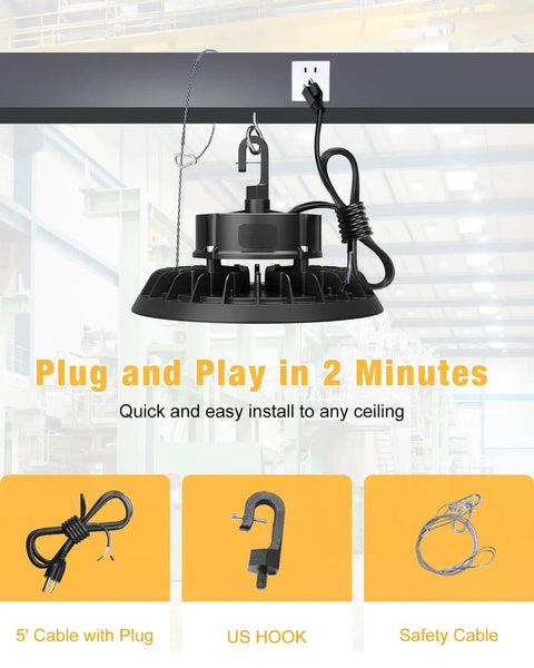UFO LED High Bay Light 150W 6 Pack 22,500 Lumens 0-10V Dimmable ETL Listed with 5 ft Cable Hook Rope