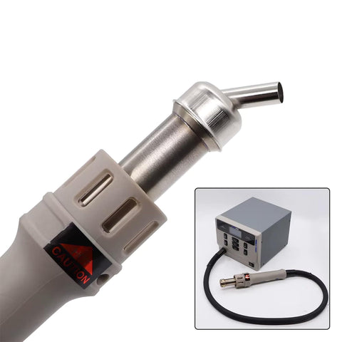 Pro Grade Stainless Steel Hot Air Gun Nozzle Set for Soldering Stations with 45 Degree Bent Nozzle, shown with control box.