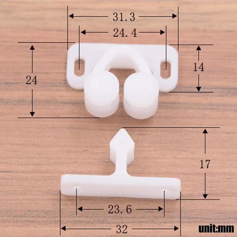 Six Pack Of White Ball Catch Roller Latches For Boat Marine Cupboard Cabinet Doors Heavy Duty Spring Loaded Plastic Hardware dimensions displayed
