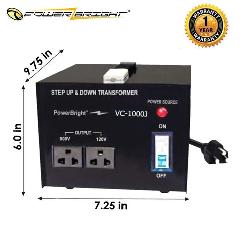 Black compact Beefy 500 Watt Step Up Down Voltage Transformer For Japan Converter with outlets and power switch.